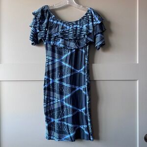 Missing Polynesia‎ Women's Mini Dress Small Blue Hawaiian Aloha Tribal FLAW
